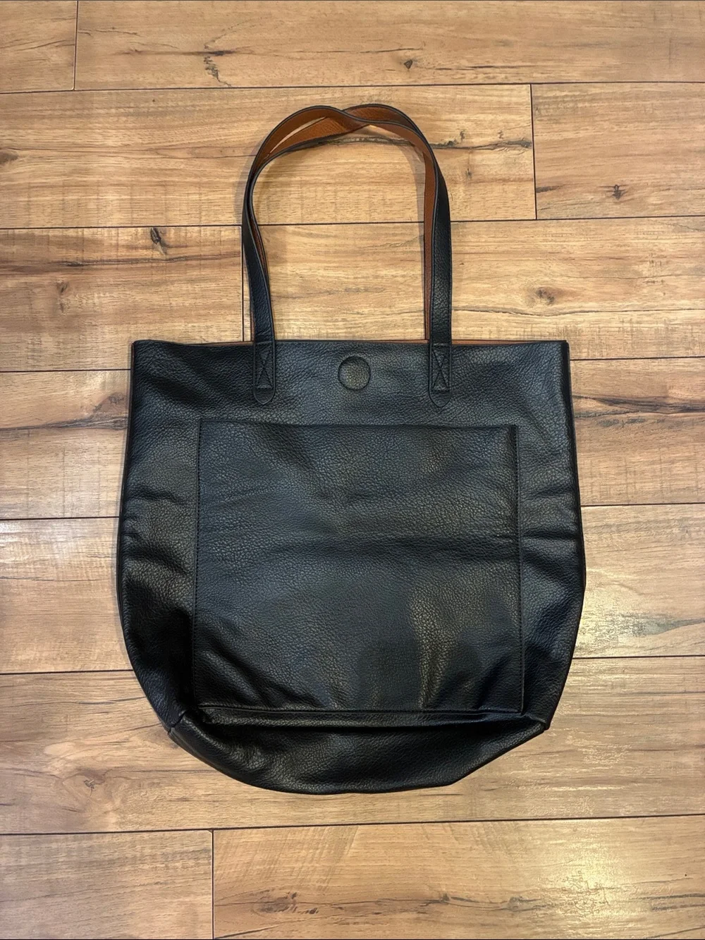 Classic Black Pleather Tote Bag with Front Pocket